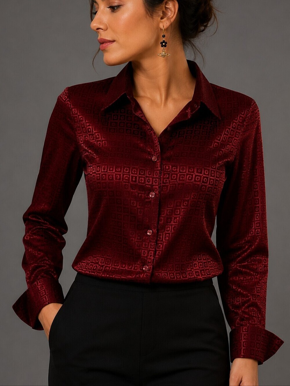 VTG BENTLEY ARBUCKLE Maroon Geometric Satin Long Sleeve Shirt Small
